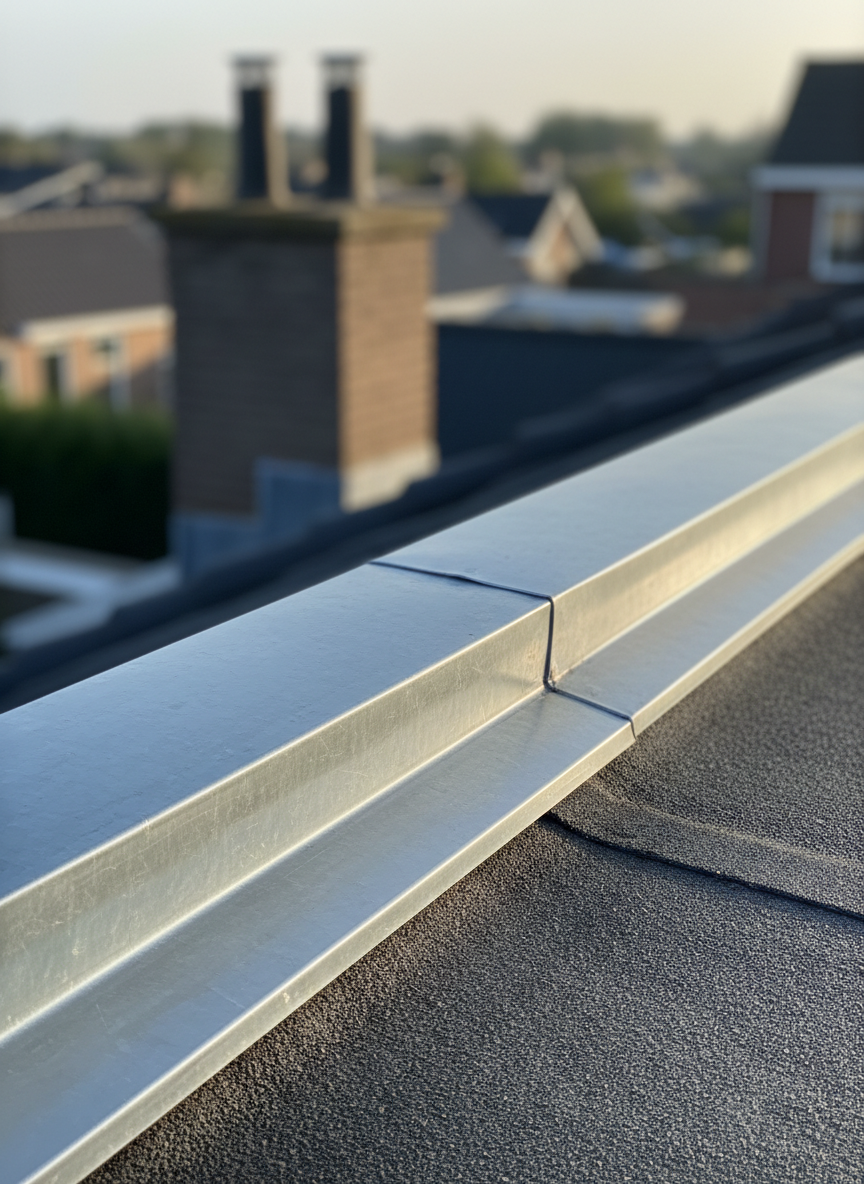 A close-up view of a meticulously detailed zinc roof edge, showing crisp folds, soldered joints, and drip edges where zinc meets a dark bitumen roof surface. The zinc has a soft, bluish-grey patina with fine linear brushing, while the roofing material appears slightly textured and matte. The background fades into a gentle bokeh of neighboring roofs and chimneys. Photographic realism with side-lit late afternoon natural light highlights every bend and seam, casting slender shadows that accentuate precision. The composition follows the edge diagonally through the frame, creating a dynamic yet orderly feeling that communicates expert dakwerk and high-quality metal finishing.