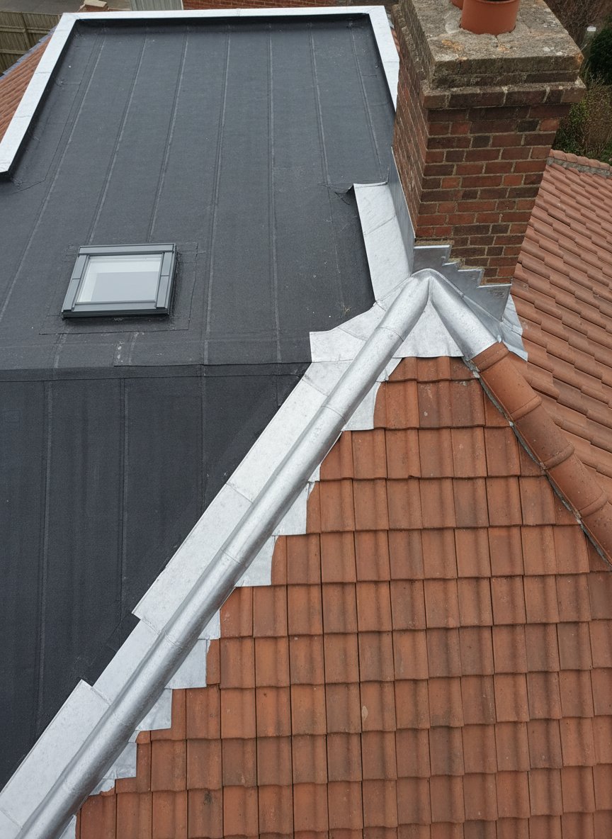 An overhead, photographic view of a complex roof intersection where a flat roof meets a pitched tiled roof, showcasing expertly installed lead flashing stepped neatly into the brickwork and dressed over the tiles. Adjacent surfaces include a dark, torch-applied roofing membrane with clean, straight weld lines. Soft, cool daylight from an overcast sky creates even lighting without harsh shadows, revealing all details clearly. The composition is top-down with strong geometric shapes of tiles, brick, and lead, giving a technical, professional atmosphere. The image emphasizes waterproofing quality, the careful shaping of lead, and the seamless transition between different roofing materials.