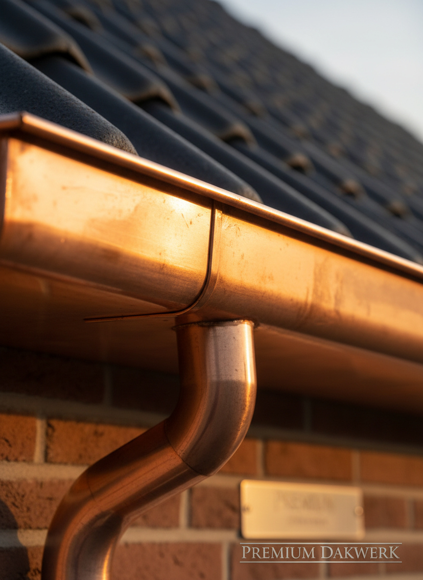 A detailed macro shot of a copper roof gutter and downpipe system freshly installed along the edge of a roof, the copper surfaces gleaming with a warm reddish-gold hue. The gutter shows crisp folds, soldered joints, and carefully formed outlets, while the dark roofing membrane above is perfectly cut to meet the metal. Natural golden hour light from the side enhances the copper’s warm tones and creates gentle highlights along its curves, suggesting both elegance and durability. The background is softly blurred brickwork and roof elements. Photographic realism, shallow depth of field, and a professional, high-end mood suitable for showcasing premium dakwerk in copper.
