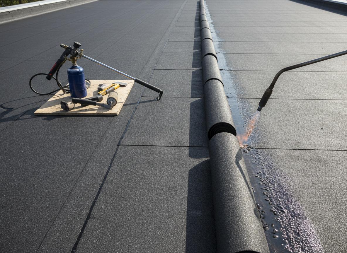 A step-by-step style composition showing a partially completed flat roof where roofing membrane is being torched and bonded, without any people present. One section of the roof is already finished with smooth, dark, welded sheets, while another area shows the membrane rolled out and aligned, edges ready for bonding. A professional-grade gas burner and neatly arranged tools rest to the side on a protective board. The scene is lit by bright, clear daylight, casting defined but soft shadows that highlight texture and precision. Photographic realism from a slightly low, side angle emphasizes depth and process, conveying technical expertise in branden en plakken van daken.