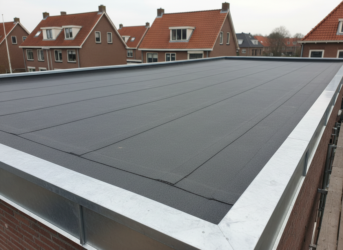 A clean, newly finished flat roof surface with dark grey roofing membrane precisely torched and welded, seams perfectly aligned along the structure. Around the perimeter, neatly crafted zinc edge trims and gutters run in straight lines, their matte metallic finish contrasting with the roof surface. In the distance, traditional Dutch brick homes and red roof tiles are softly blurred. Captured in photographic realism from a slightly elevated angle, under bright but diffused overcast daylight that creates soft reflections on the zinc and subtle texture on the roofing. The mood is professional and reliable, emphasizing craftsmanship and durability, with a balanced composition and sharp focus across the entire roof area.