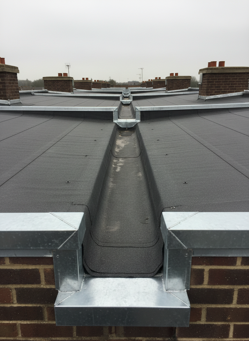 A long, narrow city roofscape featuring multiple adjoining flat roofs, each with professionally installed zinc gutters, lead wall flashings, and dark bitumen membranes. The foreground roof is in sharp focus, showing perfect seams, carefully shaped internal corners, and cleanly terminated edges, while the further roofs gradually blur. Captured at eye level with a slight perspective along the line of the gutters, in neutral overcast light that evenly illuminates all surfaces. The atmosphere is orderly and trustworthy, with a photographic, documentary style that highlights consistent quality across many meters of dakwerk, ideal for illustrating large-scale professional roofing projects.